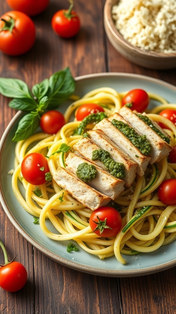 Zucchini noodles with grilled chicken and pesto, garnished with cherry tomatoes and Parmesan cheese on a wooden table.